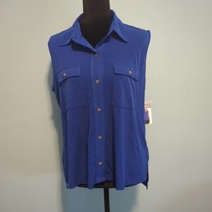 Ellen Tracy Sleeveless Button-Down Blouse in Royal Blue